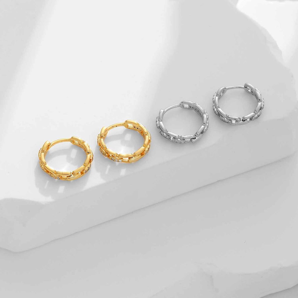 Lady Office Hollow CZ Chain 925 Sterling Silver Hoop Earrings