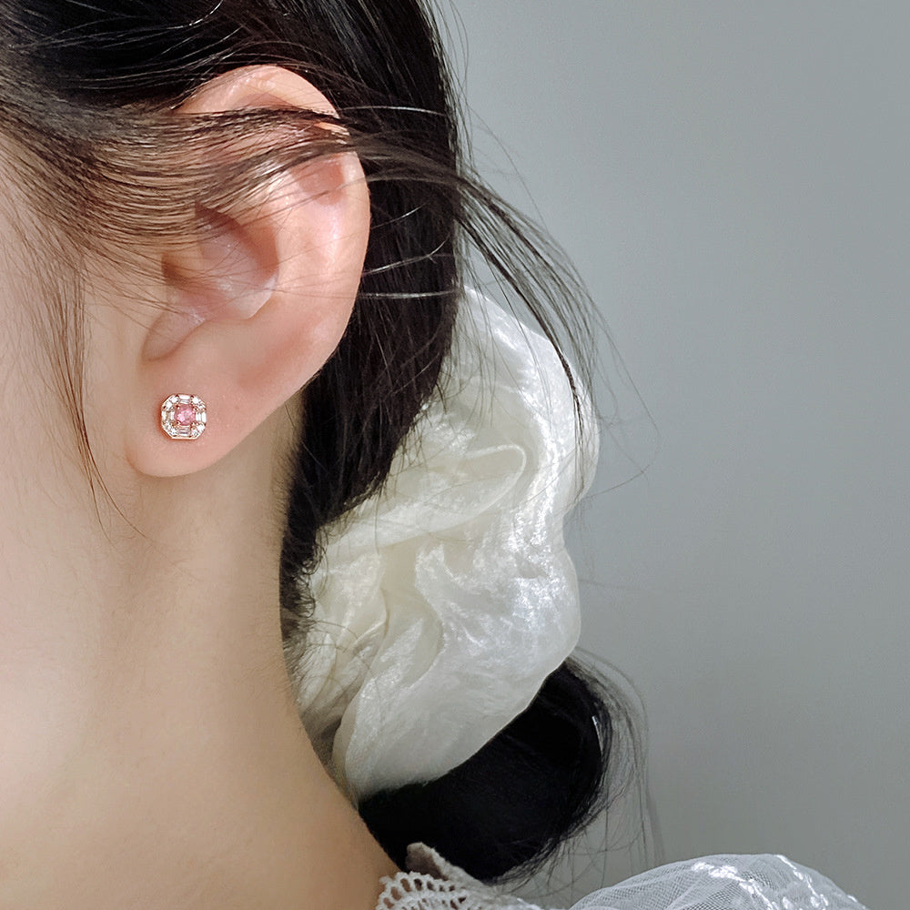 Delicate Square Halo Pink Center Stone Rose Gold Tone 925 Sterling Silver Mini Delicate Ear Stud Earrings