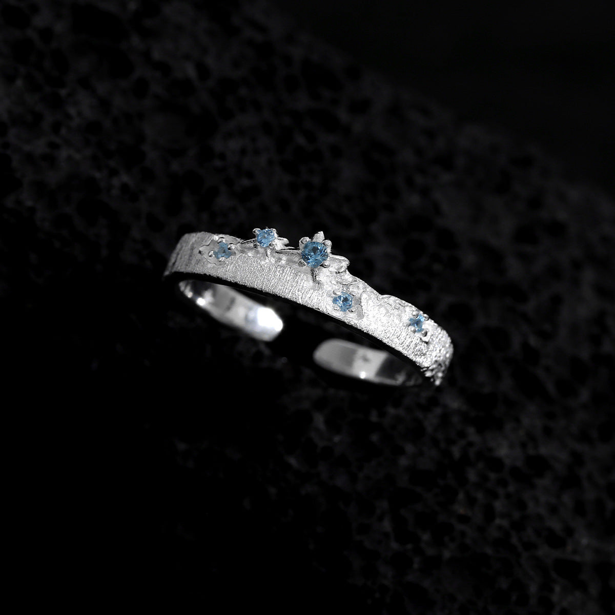 Brushed Texture Star Pattern Blue Cubic Zirconia 925 Sterling Silver Adjustable Ring