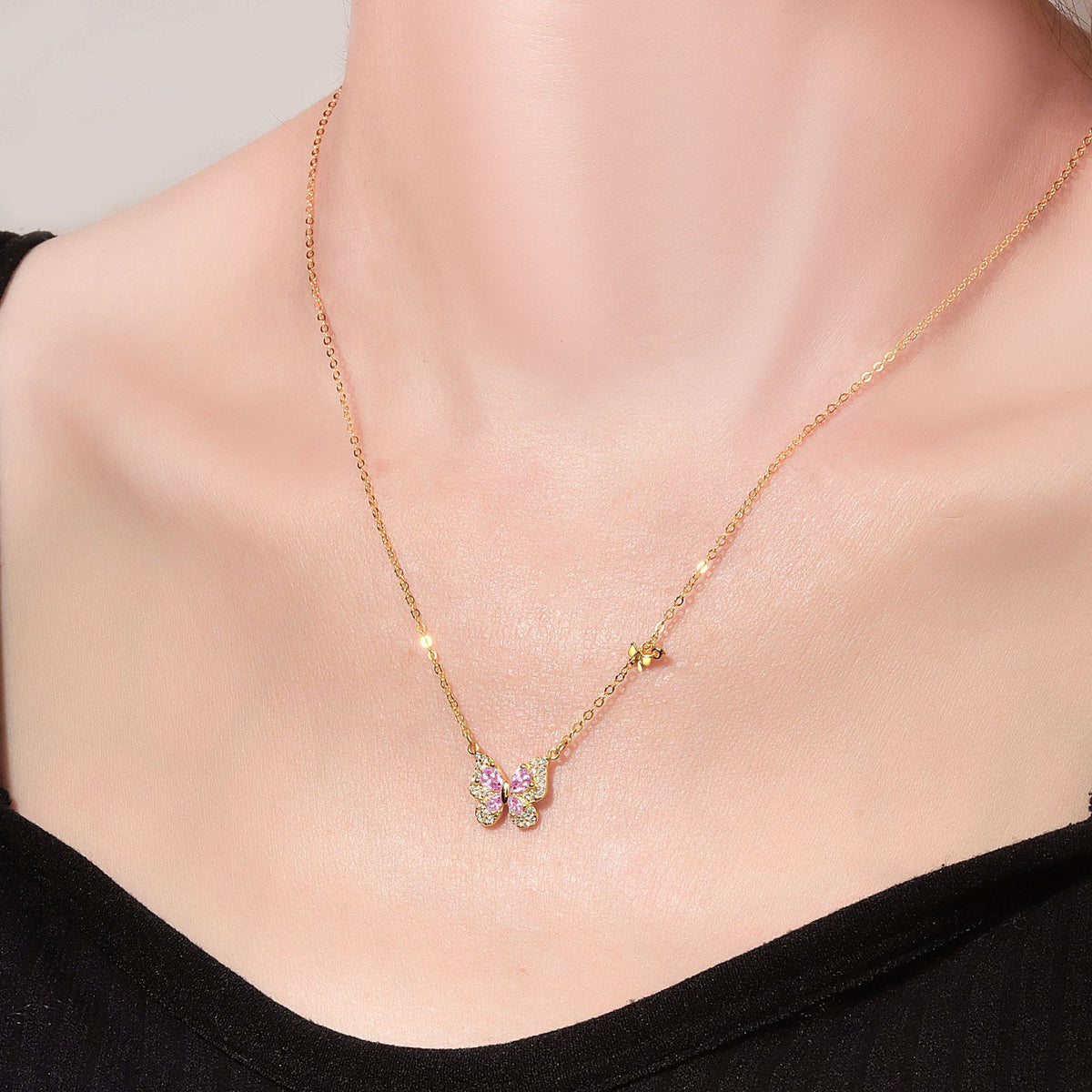 Butterfly Design Elegant Pink Cubic Zirconia 925 Sterling Silver Pendant Necklace