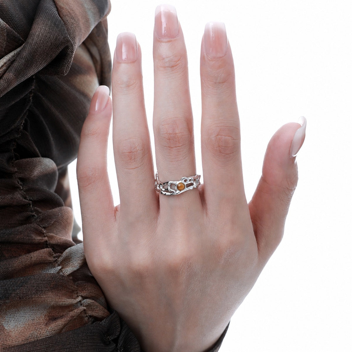 Modern Natural Tiger's Eye Irregular Openwork Pattern 925 Sterling Silver Adjustable Ring