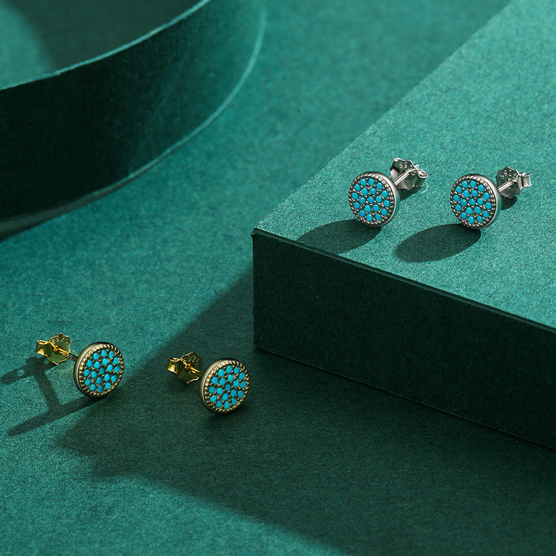 Round Turquoise Natural Stone 925 Sterling Silver Stud Earrings