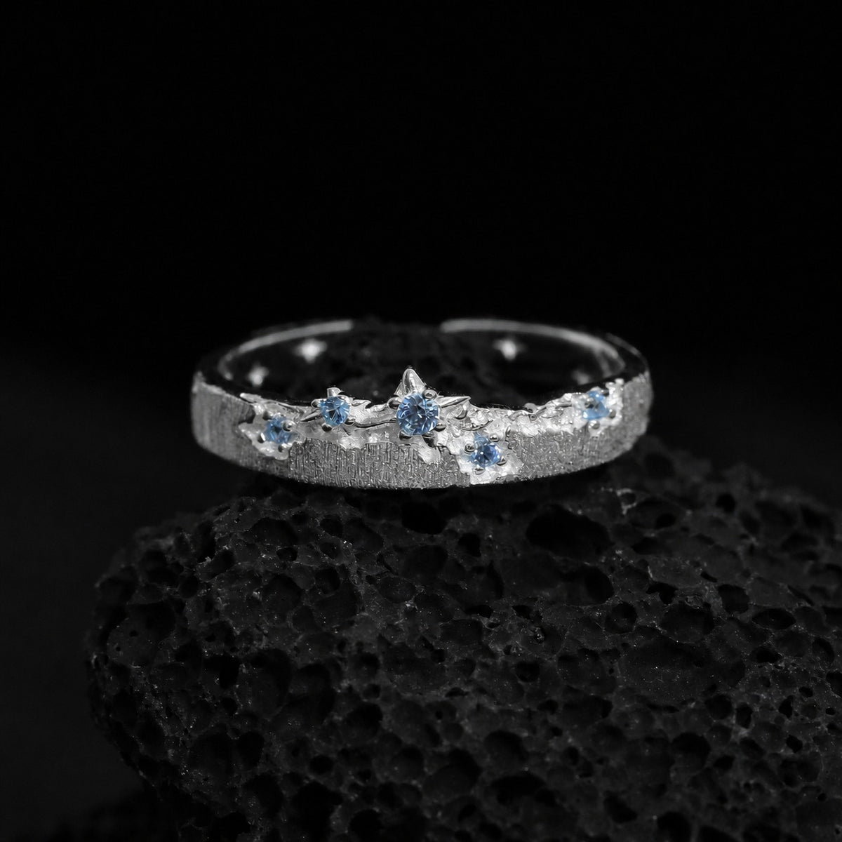 Brushed Texture Star Pattern Blue Cubic Zirconia 925 Sterling Silver Adjustable Ring