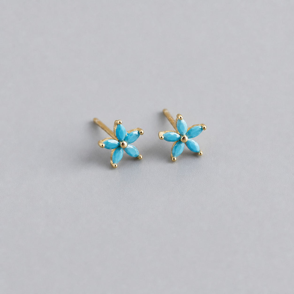Five petal Flower Shaped Colored Cubic Zirconia  Elegant and Stylish 925 Sterling Silver Stud Earrings