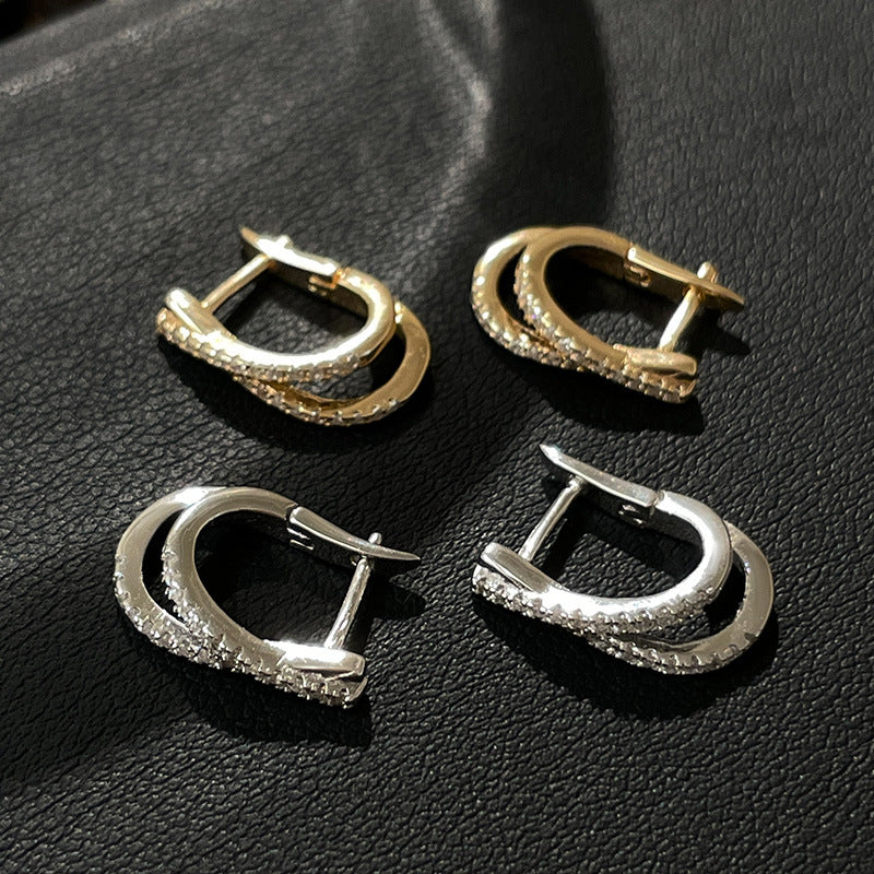 Twisted Geometric Design S925 Sterling Silver Micro Pave Cubic Zirconia Hoop Earrings