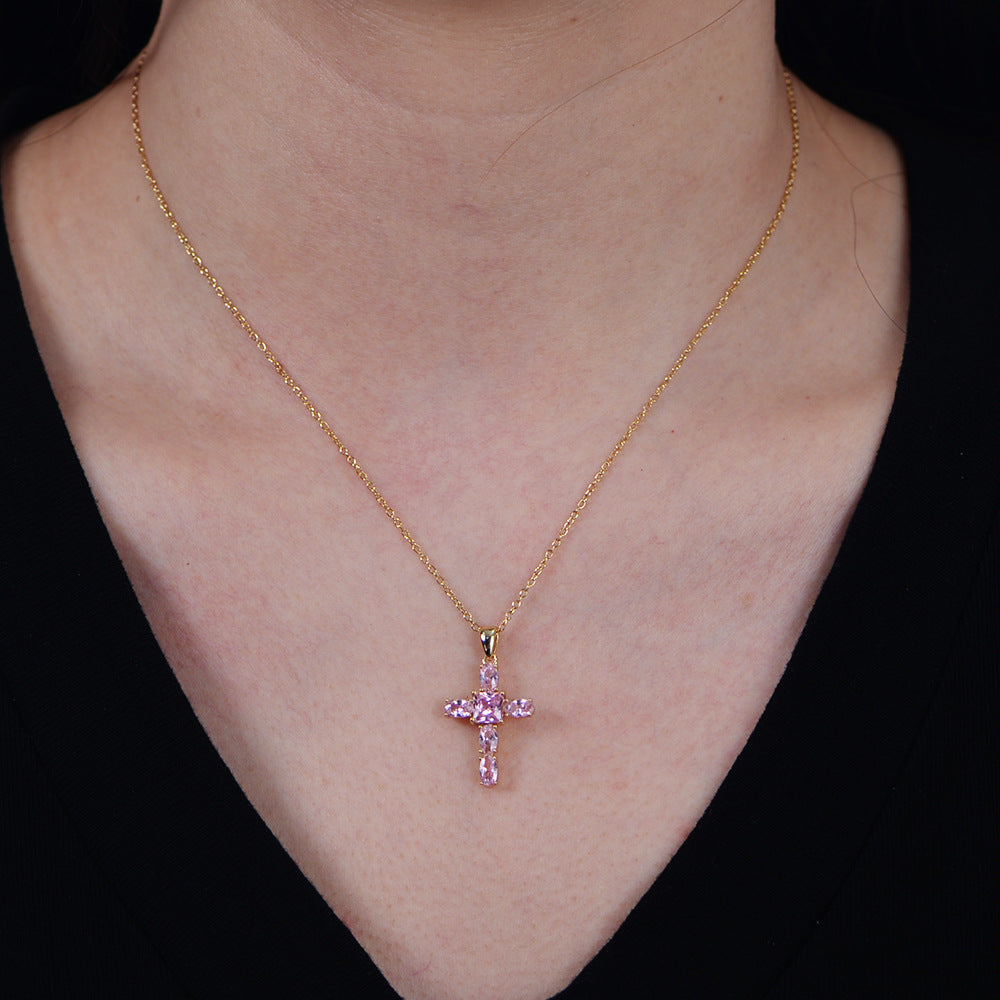 Girl Beautiful Emerald Pink CZ Cross 925 Sterling Silver Necklace