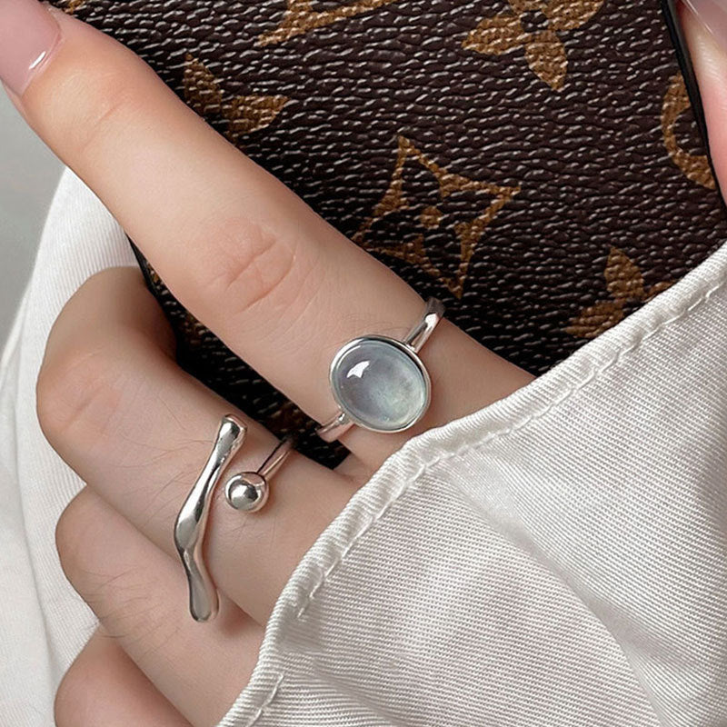 Graduation Oval Natural Aquamarine 925 Sterling Silver Adjustable Ring