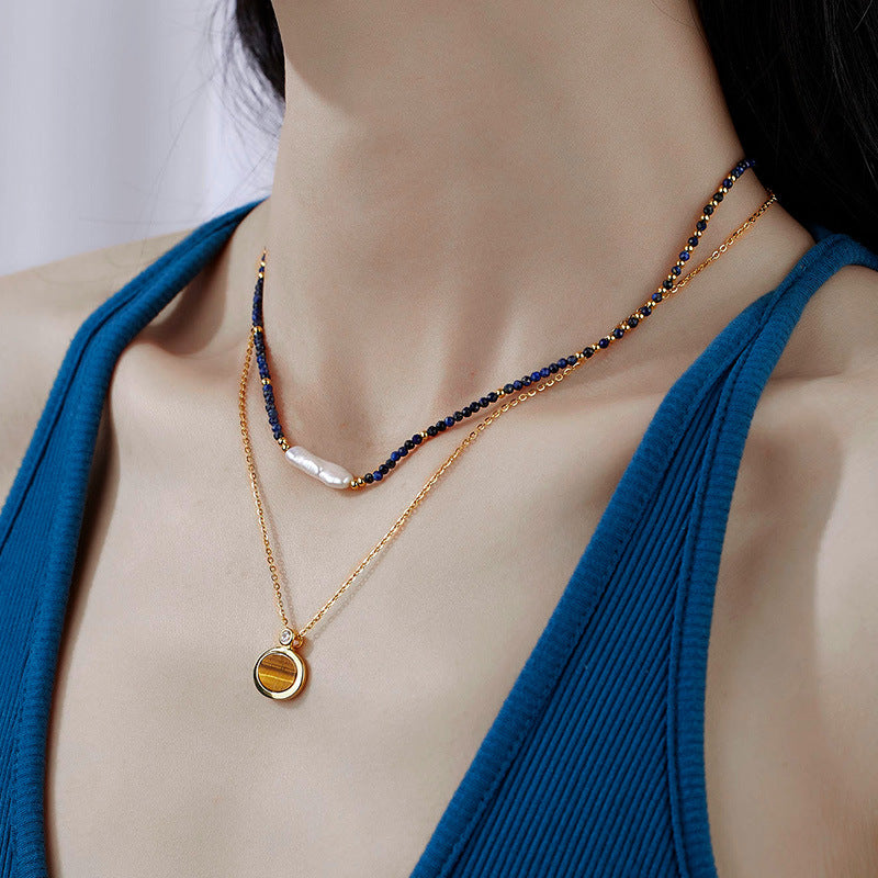 925 Sterling Silver  Blue Lapis Lazuli Bead Baroque Pearl Strand And Tiger Eye Oval Pendant Layered Necklace Set