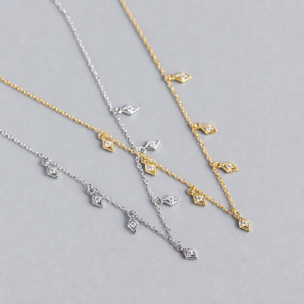 Delicate Geometric Rhombus Shape Cubic Zirconia  925 Sterling Silver Tassel Pendant Necklace