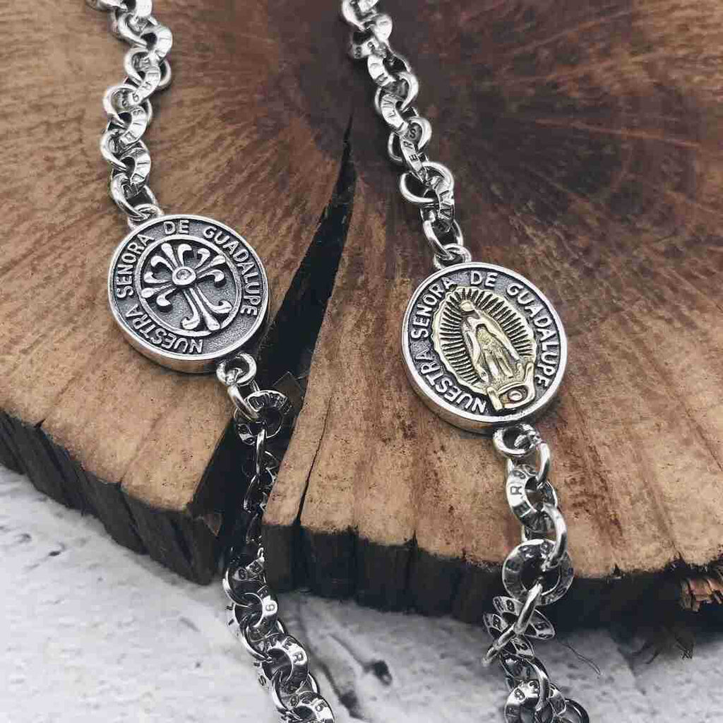 Men's Vantage Coin Cross Crown 925 Sterling Silver Curb Bracelet