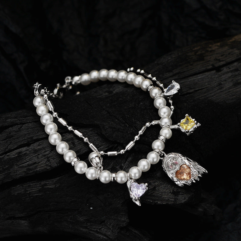 Halloween Colorful CZ Ghost Shell Pearls 925 Sterling Silver Double Layers Bracelet