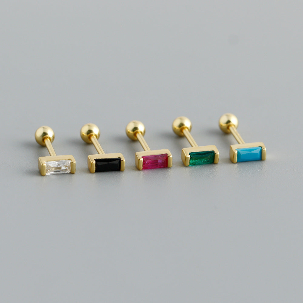 Rectangular Geometric Cubic Zirconia Mini Minimalist 925 Sterling Silver Stud Earrings