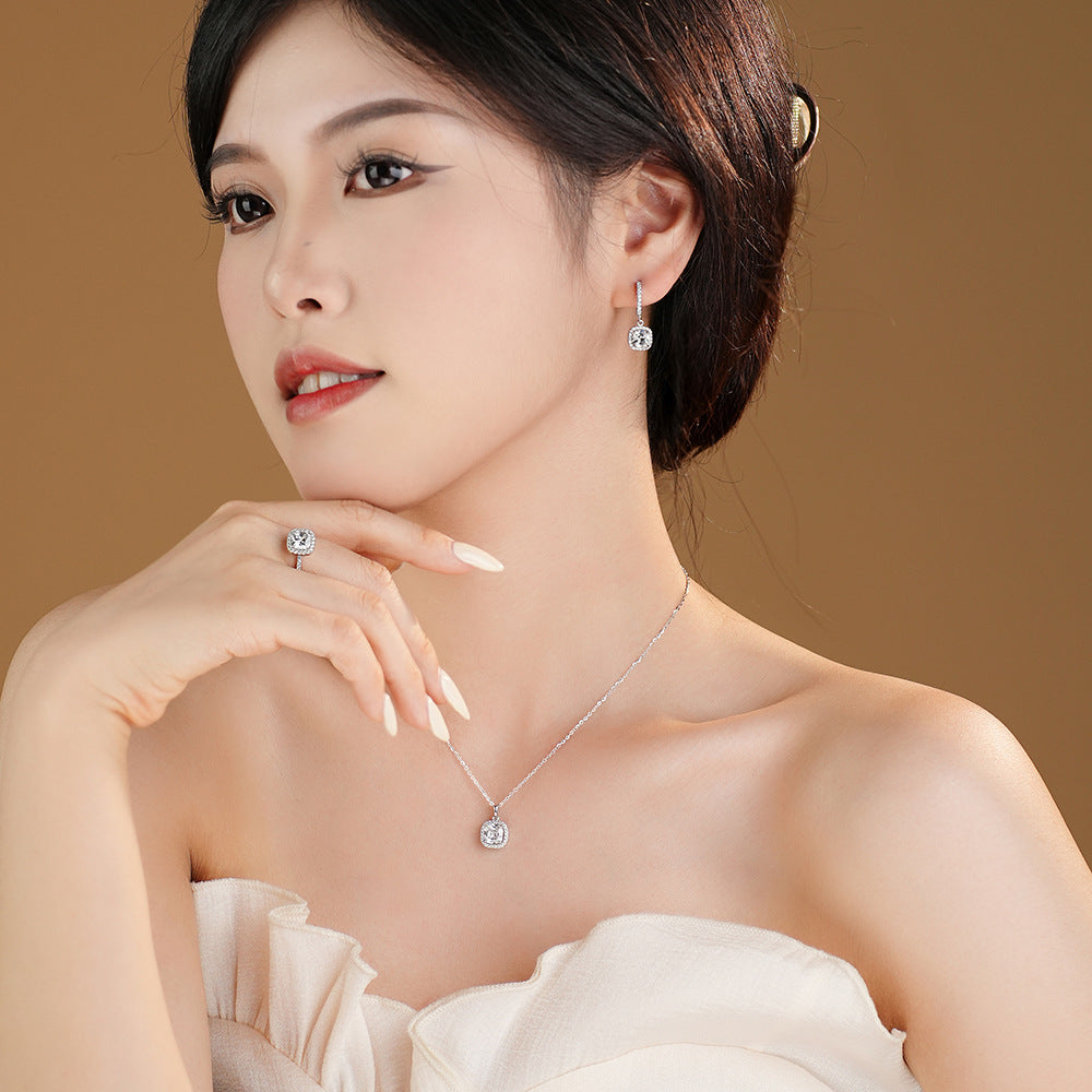 Geometry Classic Radiant Cubic Zirconia 925 Sterling Silver Adjustable Ring Necklace Earrings