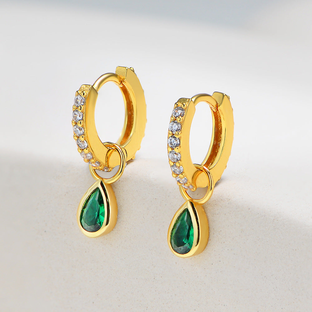 Elegant Fashionable Water Drop Shape Emerald Cubic Zirconia 925 Sterling Silver Dangle Hoop Earrings