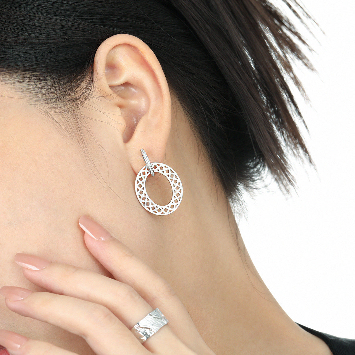 Party Geometry Frosted Hollow CZ Circle 925 Sterling Silver Dangling Earrings
