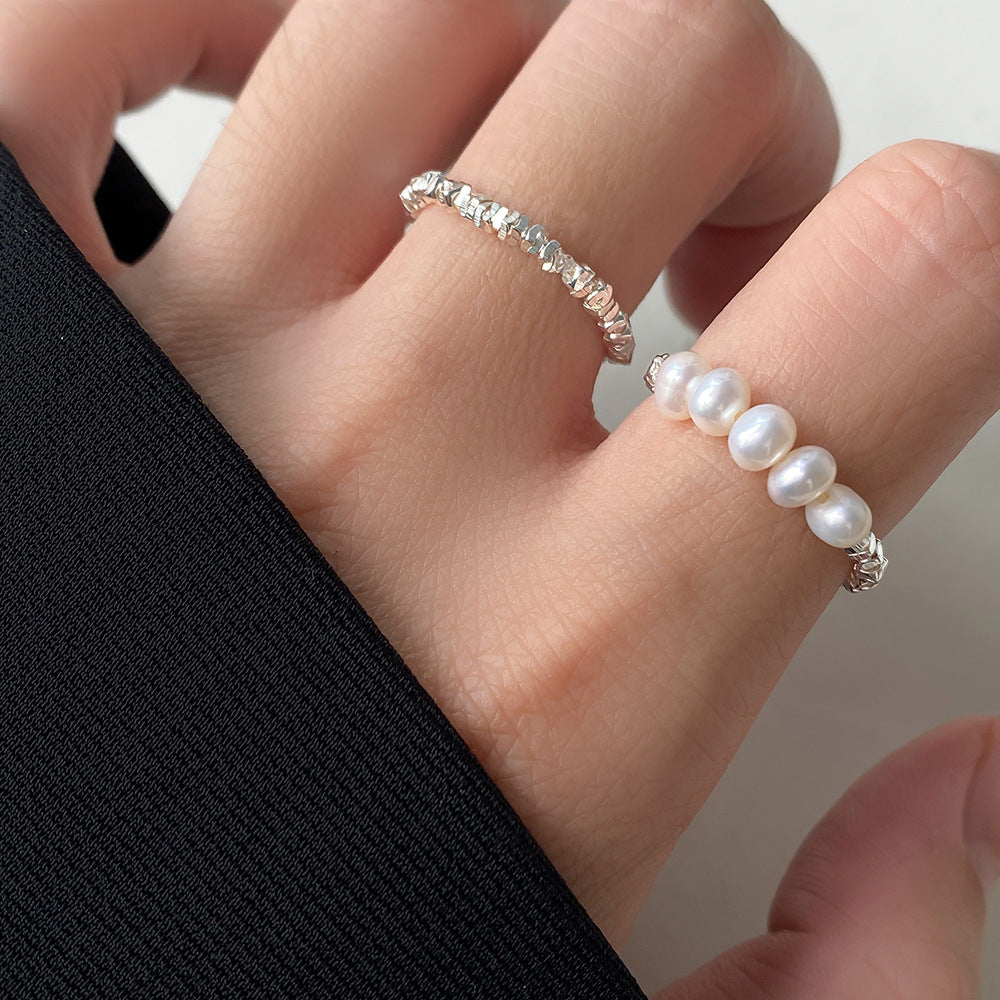 Minimalist S925 Silver Polished Irregular Chip Texture Stacking Fashion Beaded Ring