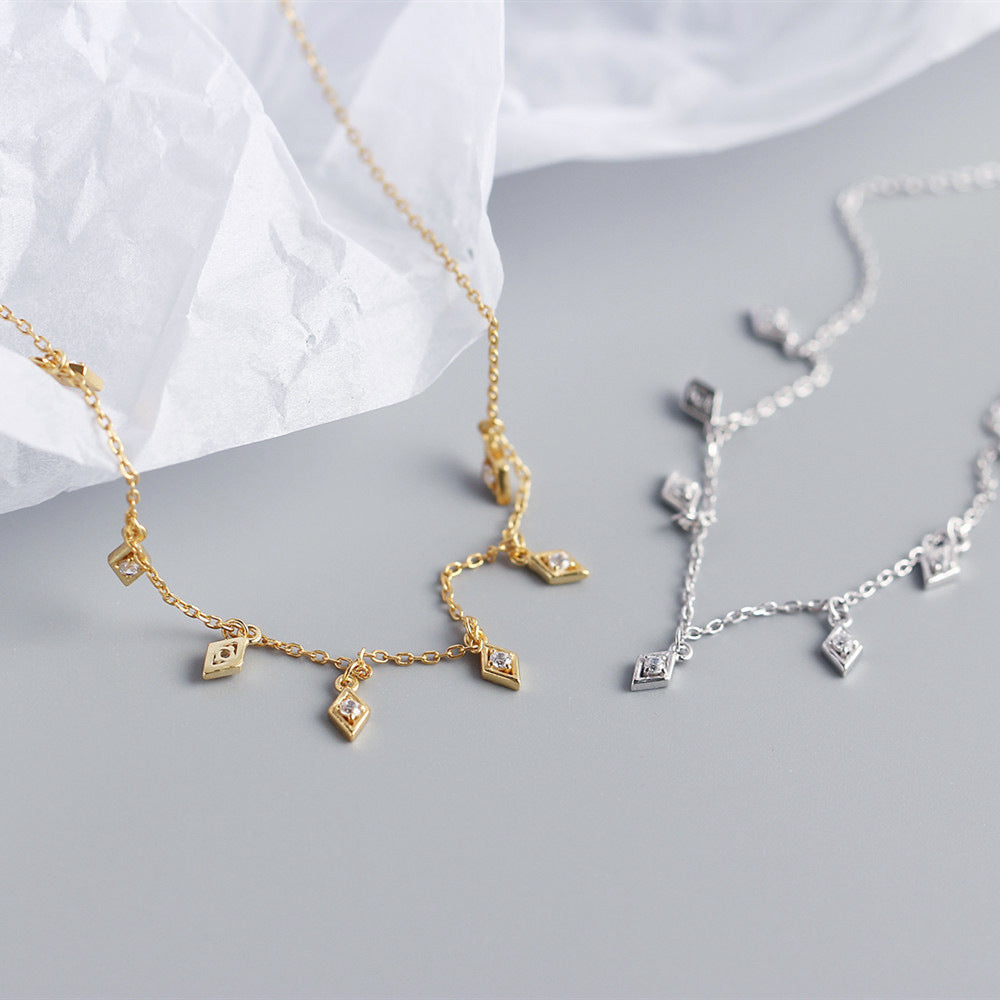 Delicate Geometric Rhombus Shape Cubic Zirconia  925 Sterling Silver Tassel Pendant Necklace