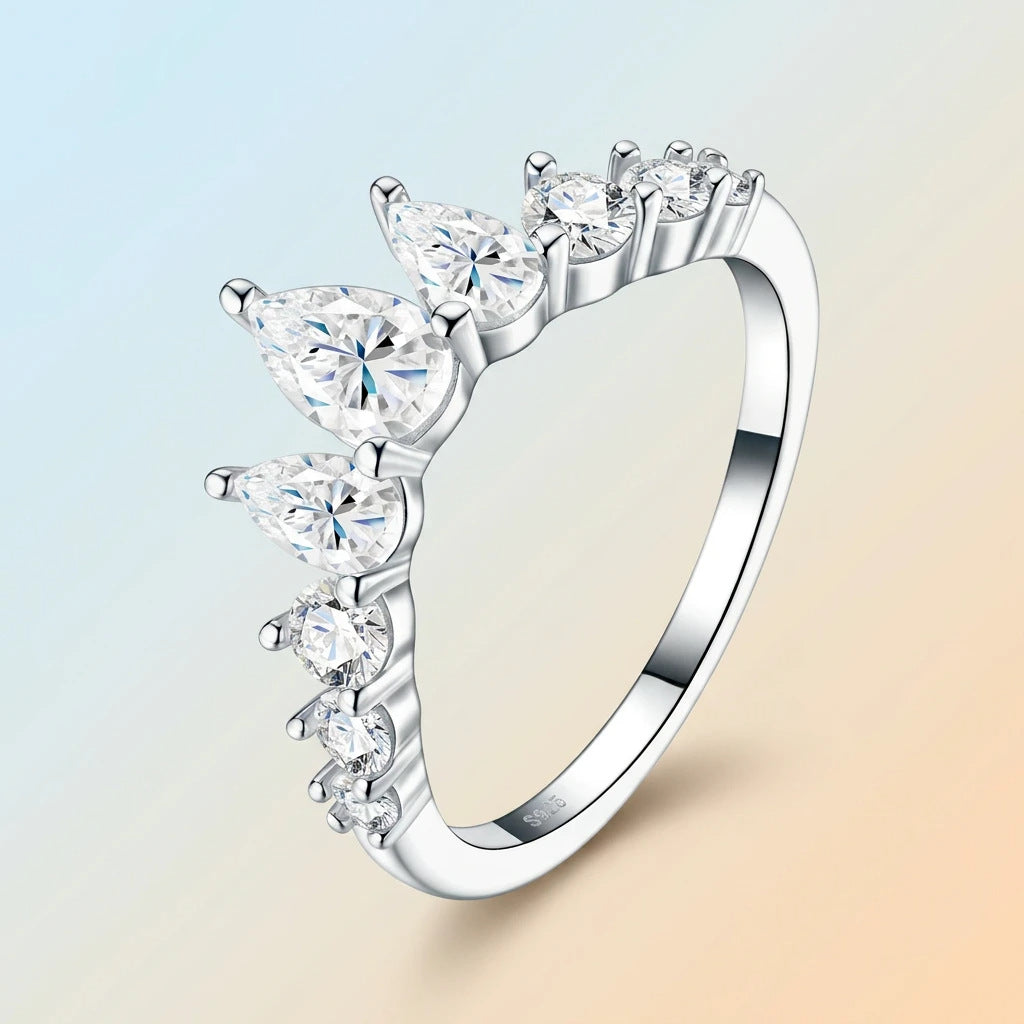 Minimalist Crown Wave Pear Moissanite 925 Sterling Silver Ring