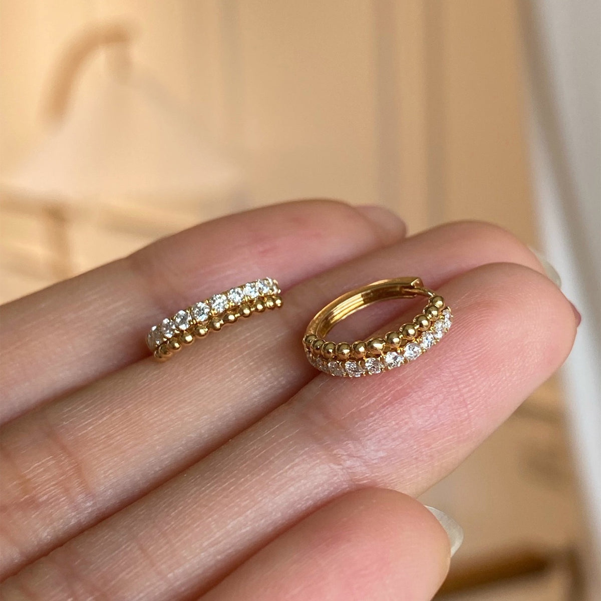 Elegant Beaded Edge Cubic Zirconia Hoop Earrings In S925 Sterling Silver Small Huggie Circle Earrings