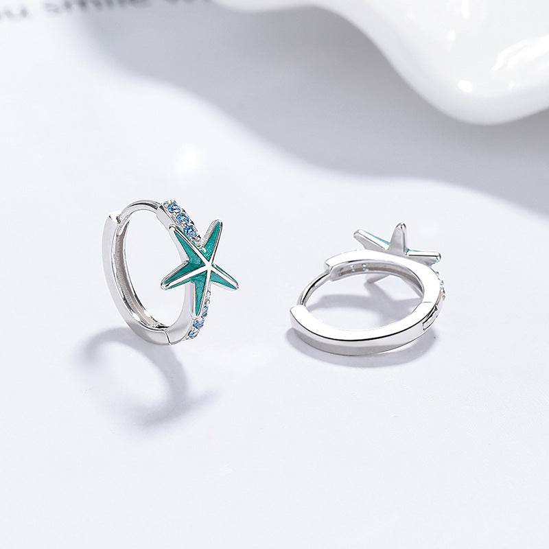 Blue Star Sea Urchin Cubic Zirconium Sea Star Circular 925 Sterling Silver Earrings