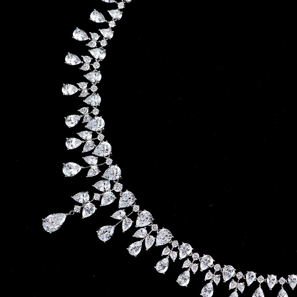 White Teardrop  and Pear-Shaped Zircon Bead 925 Sterling Silver Necklace