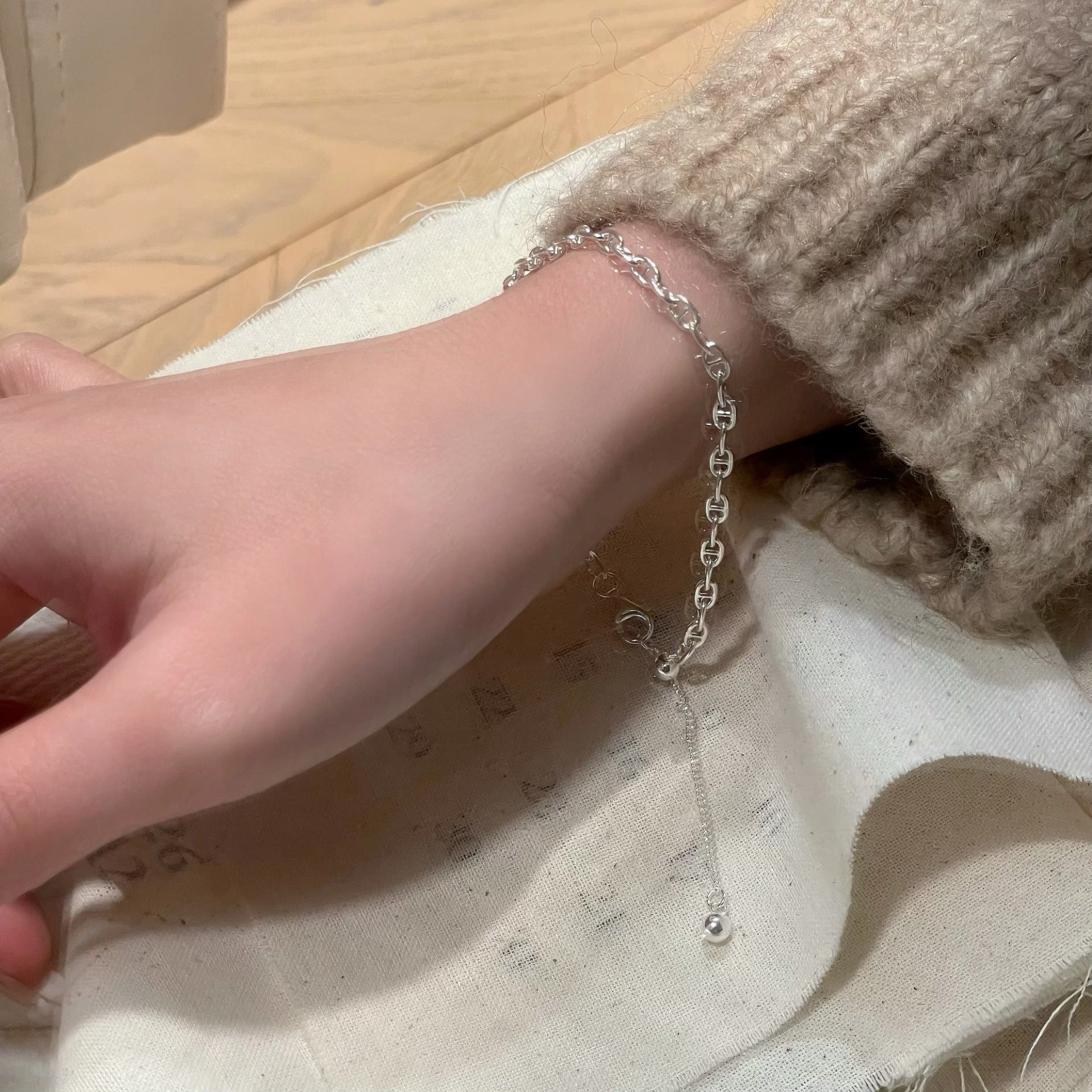925 Sterling Silver Geometric Pig Nose Adjustable Sliding Chain Bracelet