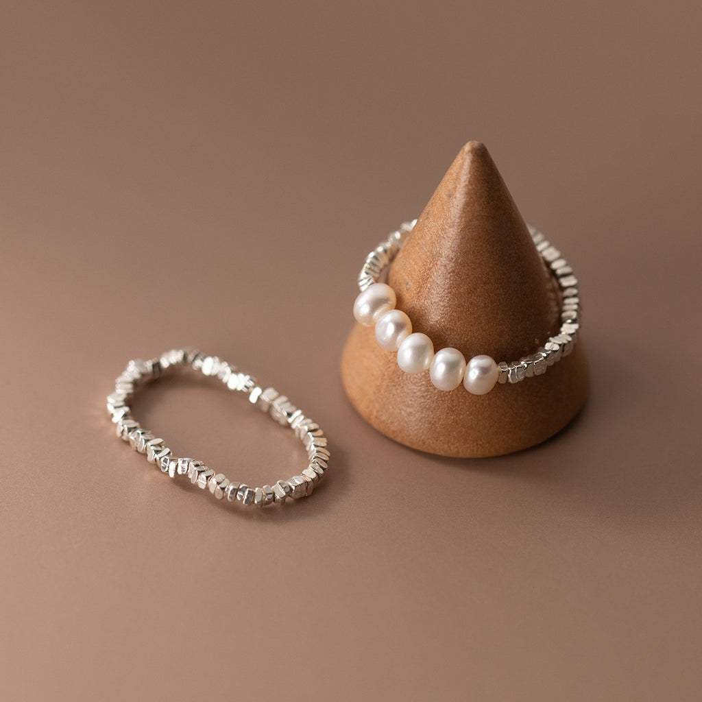 Minimalist S925 Silver Polished Irregular Chip Texture Stacking Fashion Beaded Ring