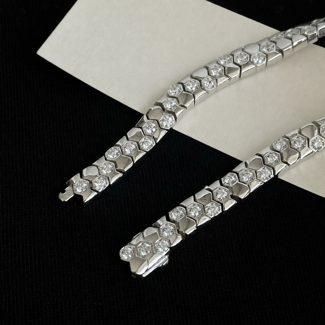 925 Sterling Silver Zirconia Hexagonal Wide Snake Bone Geometric Link Bracelet