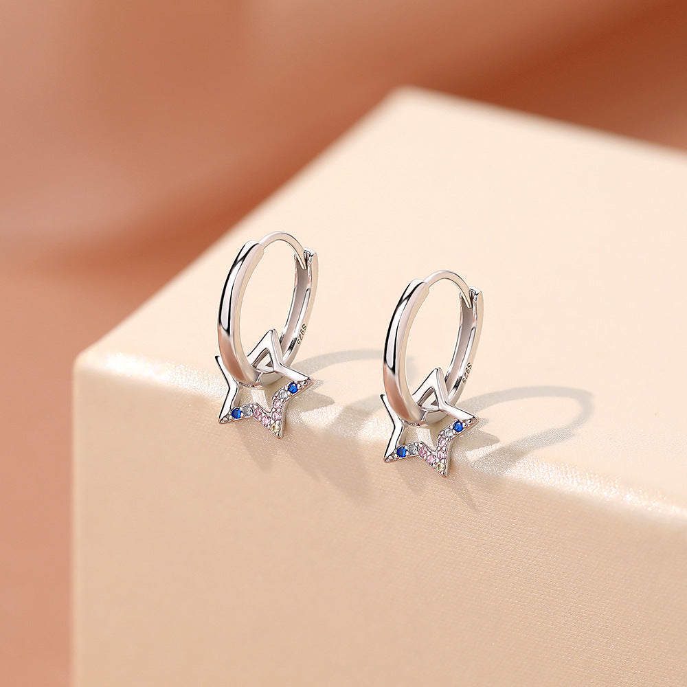 Modern Colorful CZ Hollow Star 925 Sterling Silver Leverback Dangling Earrings
