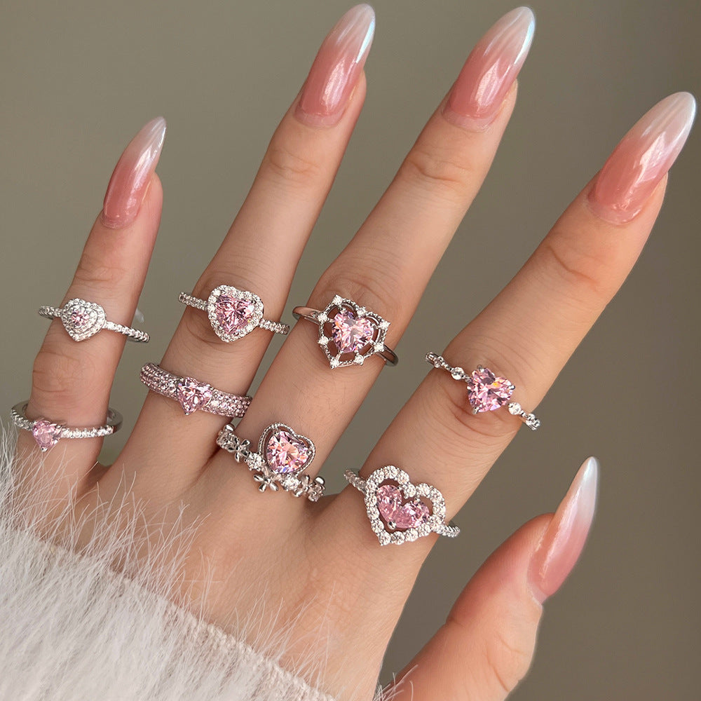 Wedding Beautiful Pink 8A Cubic Zirconia Heart 925 Sterling Silver Adjustable Ring