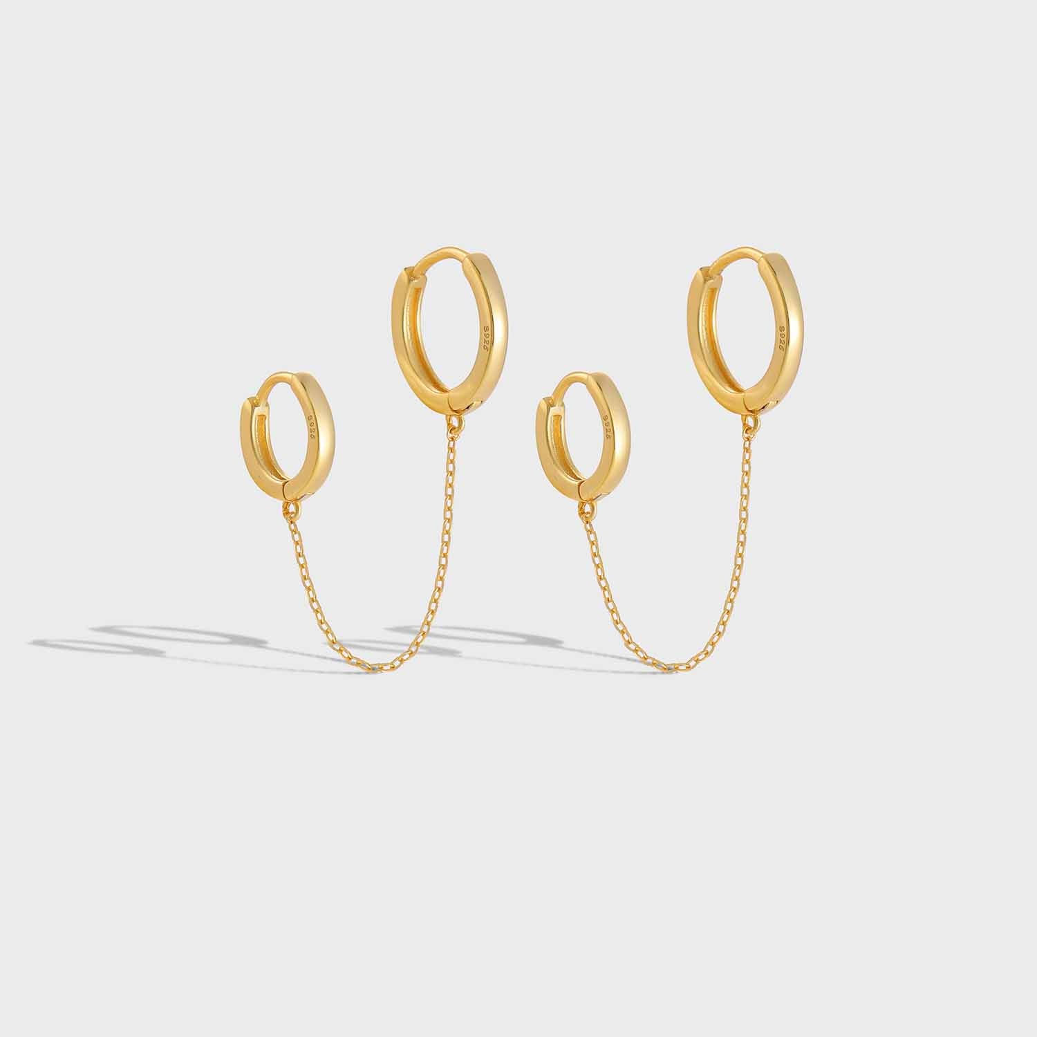 Elegant Double CZ Chain Holes 925 Sterling Silver Hoop Earrings