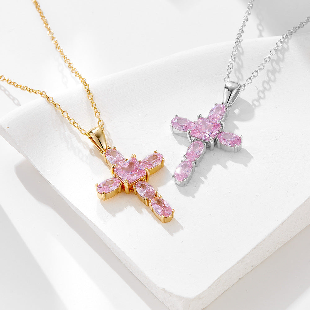 Girl Beautiful Emerald Pink CZ Cross 925 Sterling Silver Necklace