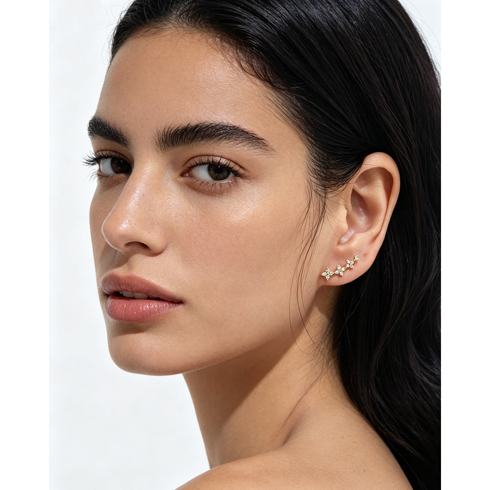 Cubic Zirconia Four Leaf Clover 925 Sterling Silver Flower Climber Ear Studs