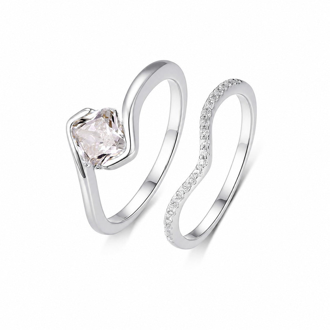 Moissanite Two Piece Ring Set Cushion Cut Solitaire And V Shaped Pave Band White Gold Color 925 Sterling Silver Elegant Fashion Ring for Women Wedding Party Gift