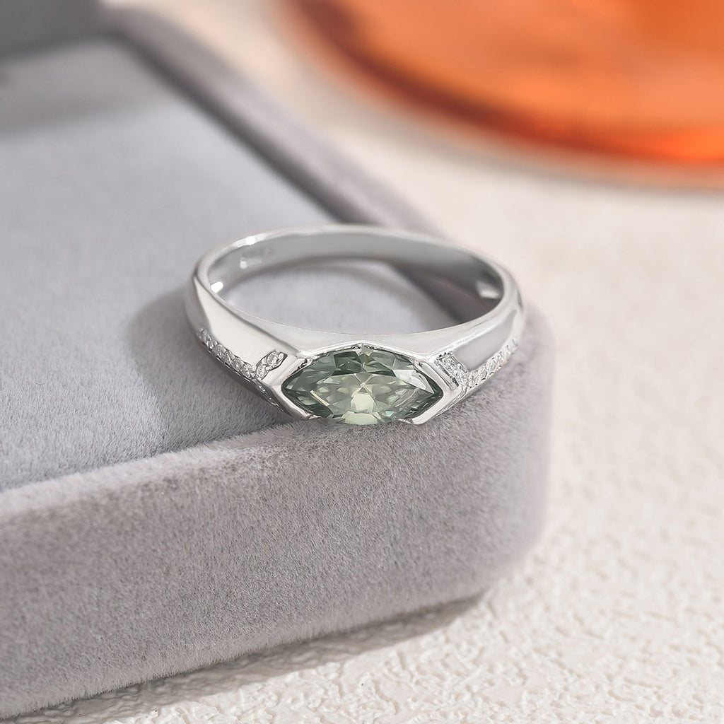 Green Marquise Cut Moissanite Geometric Oval Shaped 925 Sterling Silver Ring