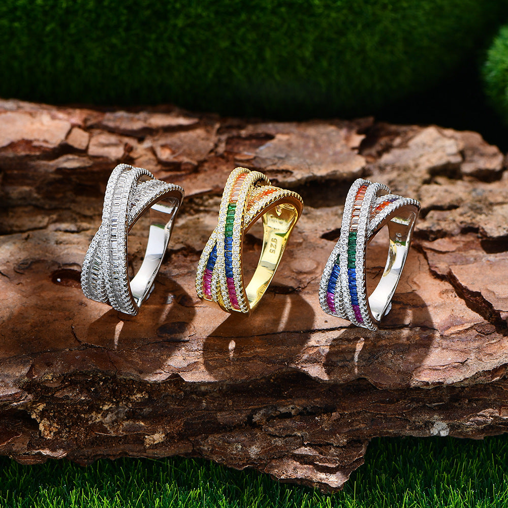Colorful Rainbow CZ Cross 925 Sterling Silver Adjustable Ring