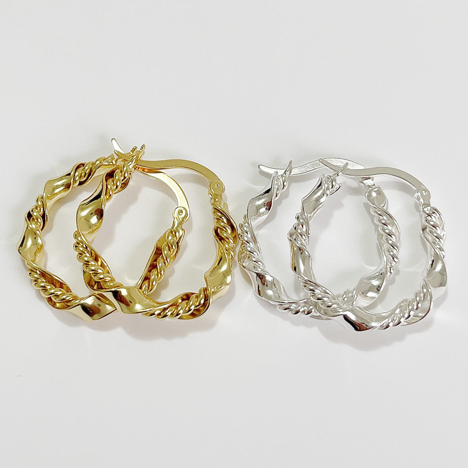 Twisted Rope Design Elegant Fashion 925 Sterling Silver Hoop Earrings