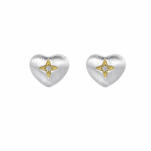 Brushed Heart-Shaped Zirconia Two Tone 925 Sterling Silver Gold-Plated Star Patterned Heart Stud Earrings