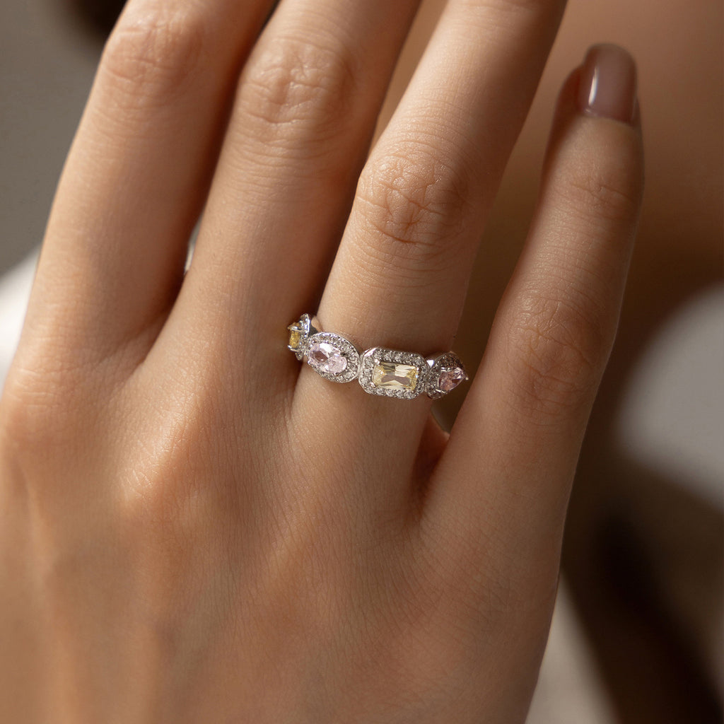 Elegant Geometric Design Multi-Color Cubic Zirconia 925 Sterling Silver Fashion Ring for Women with Yellow and Pink Stones in Contemporary Style