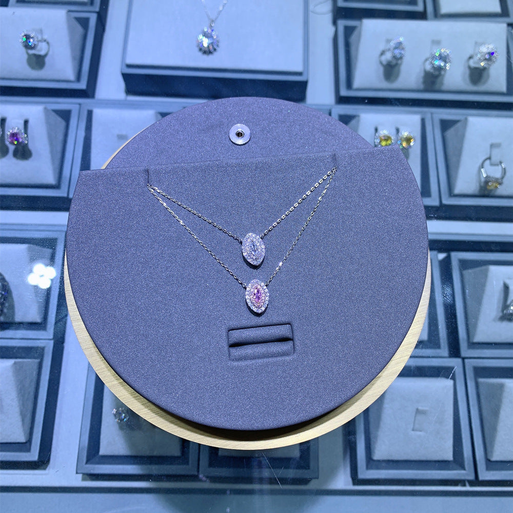 Eye Shape Pink Cubic Zirconia Halo Necklace In 925 Sterling Silver Marquise Center Stone Layered Pavé Pendant Necklace