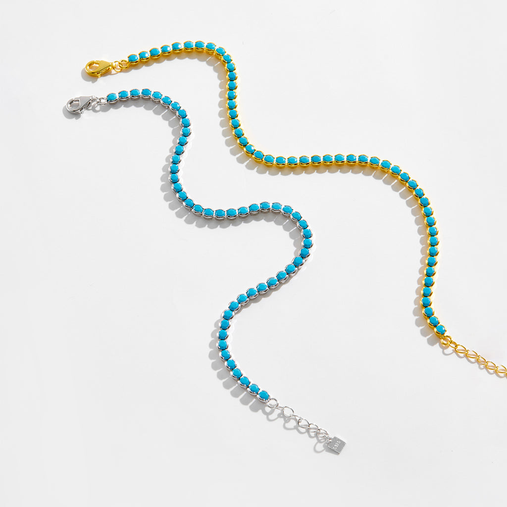 Blue Turquoise Bezel Set Natural Stone 925 Sterling Silver Tennis Chain Bracelet