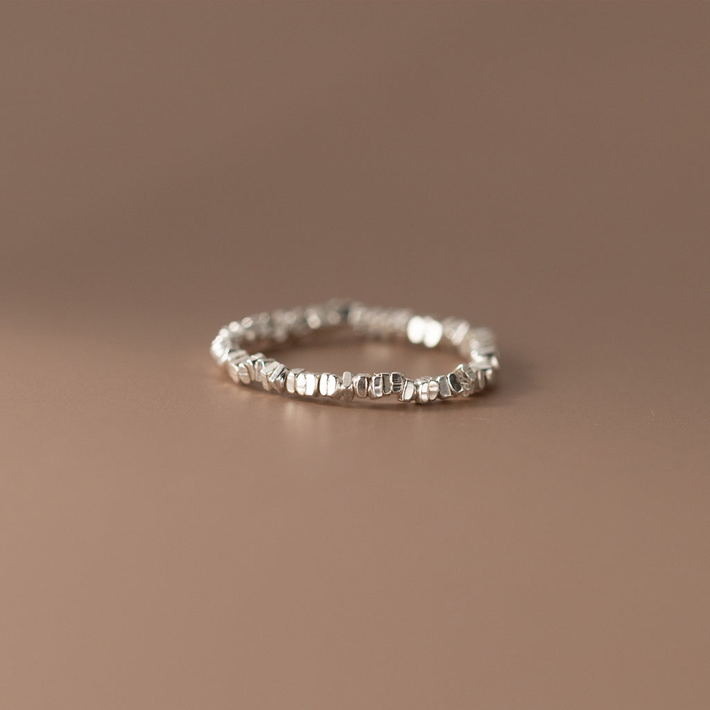 Minimalist S925 Silver Polished Irregular Chip Texture Stacking Fashion Beaded Ring