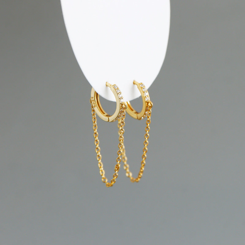 Geometric Circle Zirconia Chain Tassel Pendant 925 Sterling Silver Earrings