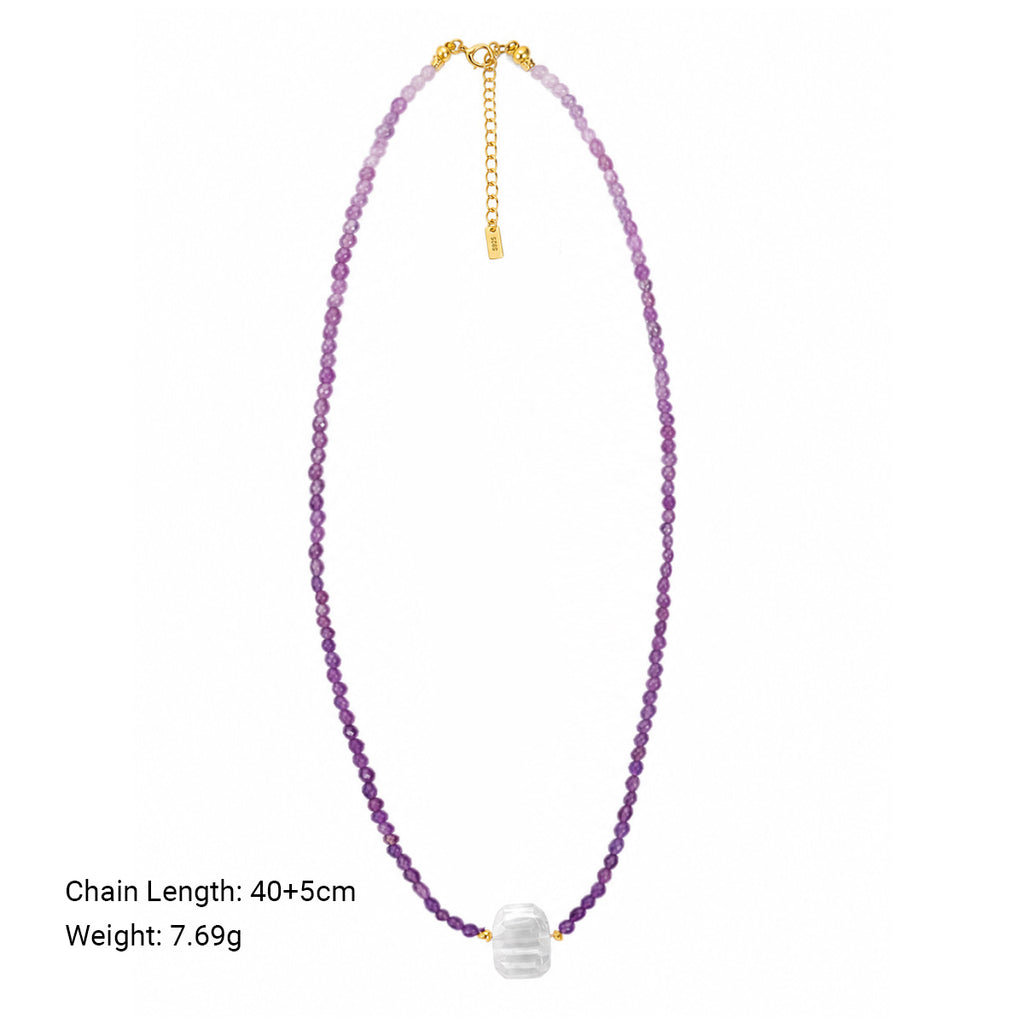 Elegant Gradient Purple Amethyst Faceted Clear Quartz Beaded Adjustable 925 Sterling Silver Necklace