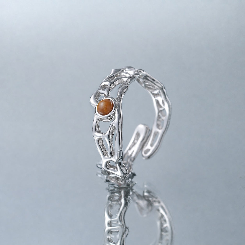 Modern Natural Tiger's Eye Irregular Openwork Pattern 925 Sterling Silver Adjustable Ring