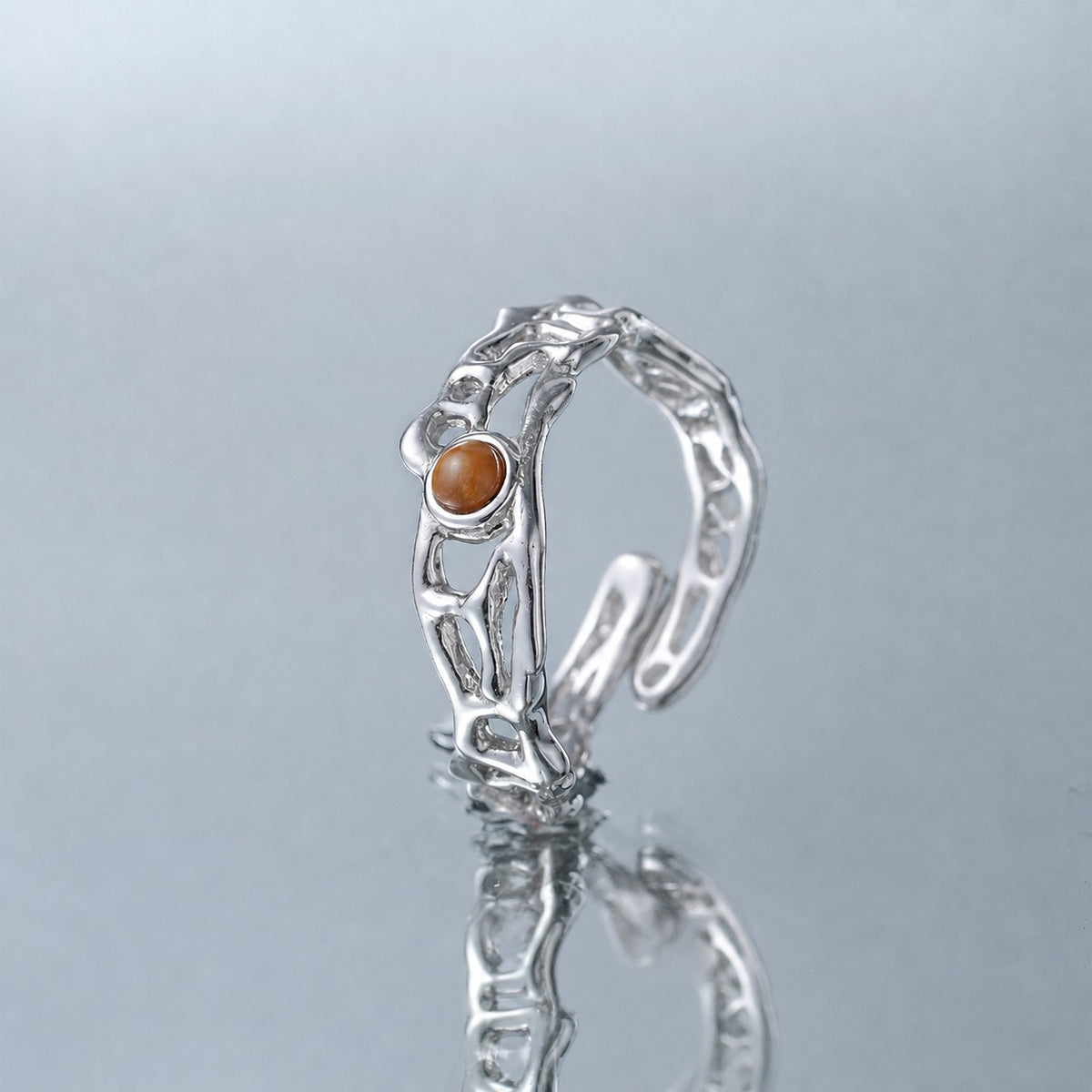 Modern Natural Tiger's Eye Irregular Openwork Pattern 925 Sterling Silver Adjustable Ring