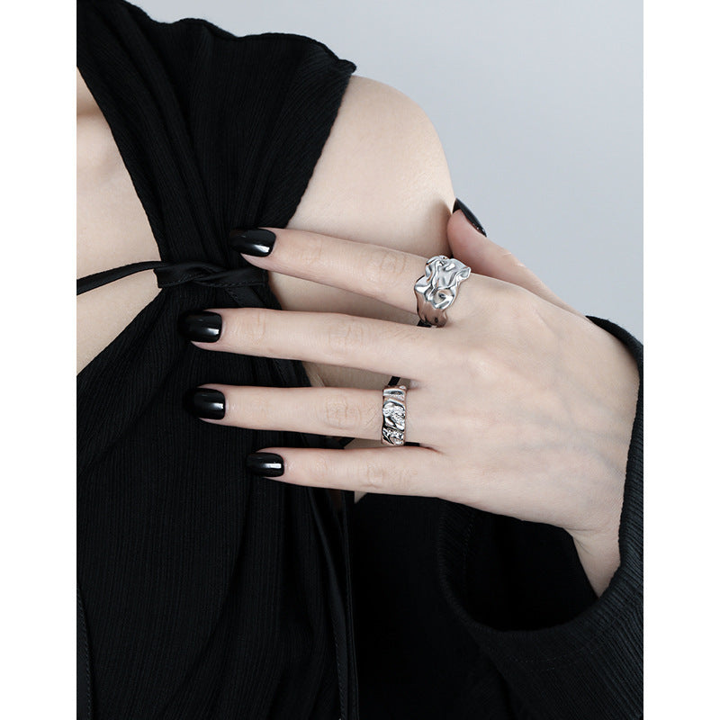 Pure Metal Irregular Wrinkled Textured Wide Band Open Adjustable Ring