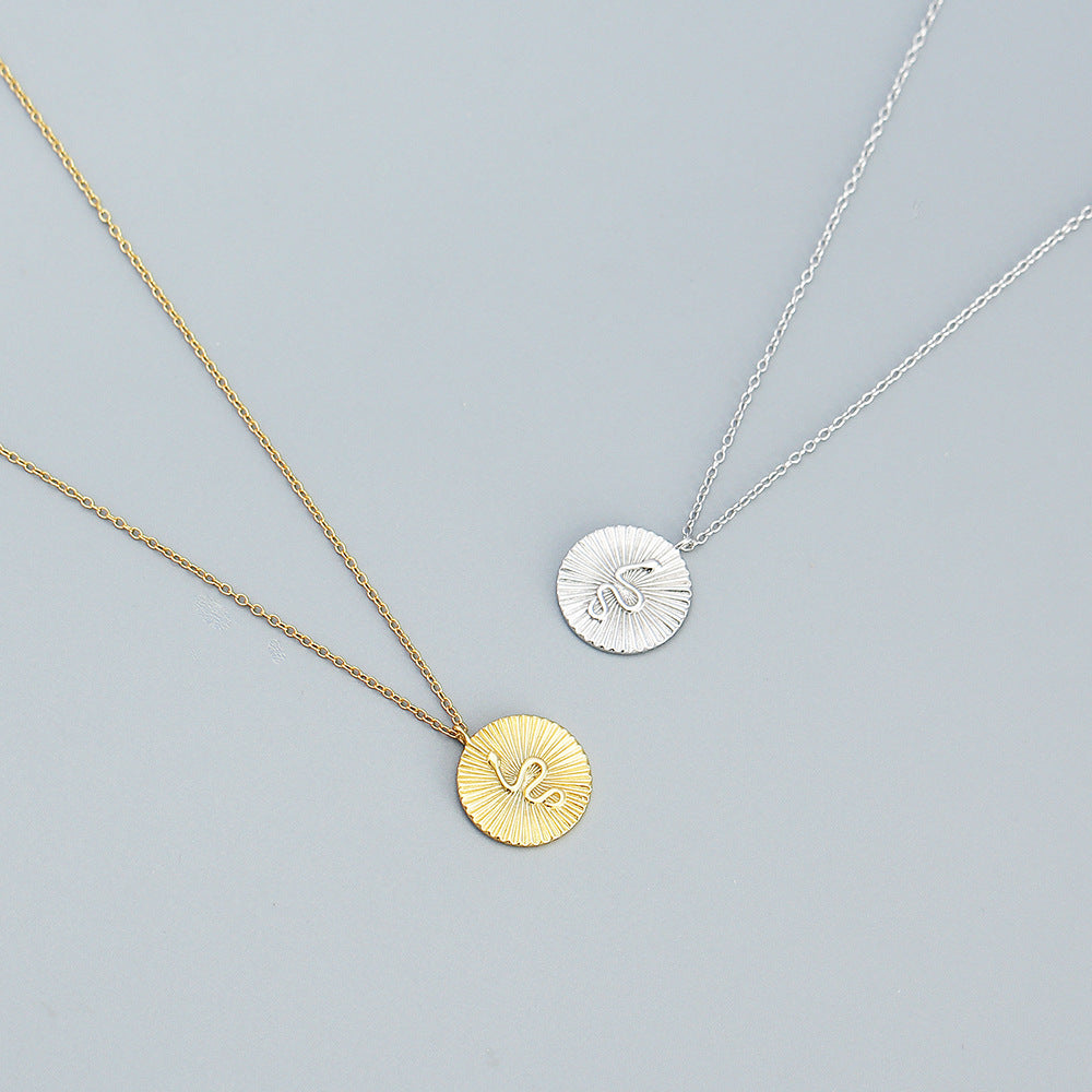 Snake Round Disc 925 Sterling Silver Sunburst Texture Coin Chain Pendant Necklace