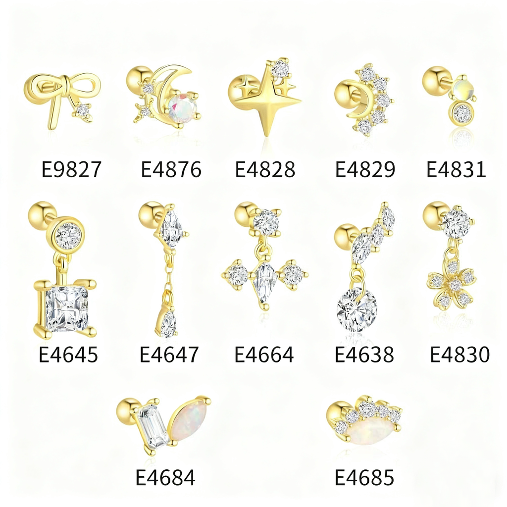 Gril CZ Star Bow-knot Crescent Moon Flower Waterdrops 925 Sterling Silver Dangling Earrings