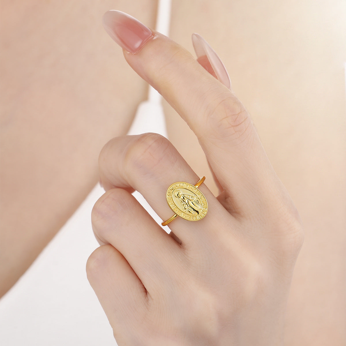 Religious Madonna Portrait Oval Medallion 925 Sterling Silver Vintage Open Band Adjustable Ring